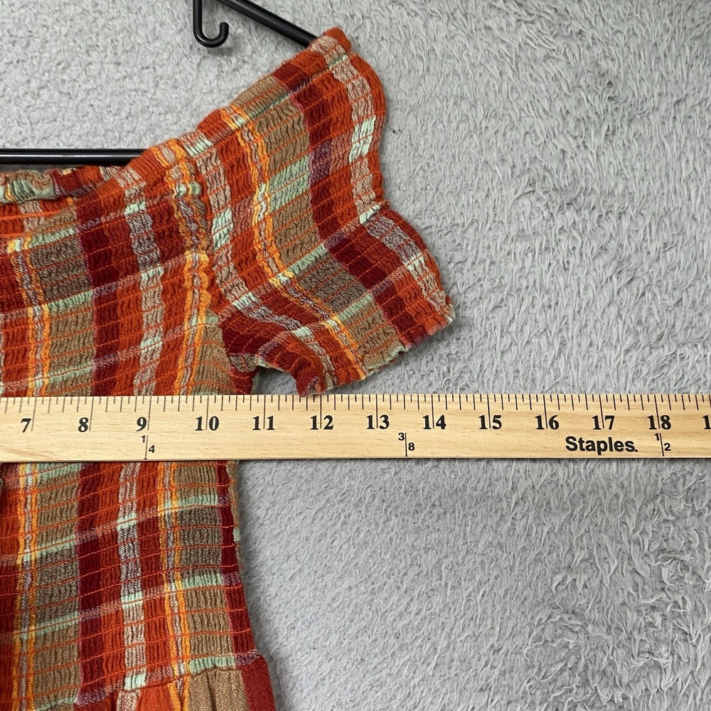 Urban Outfitters Midi Dress Womens Medium Orange Plaid Off Shoulder Smocked - Picture 8 of 15